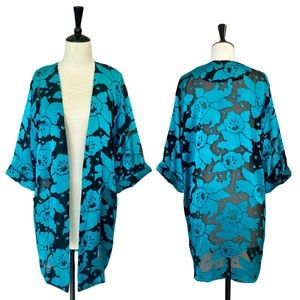 Vintage VARIETY Iridescent Blue Daffodil Sheer Open Front Kimono Coat - Sz 7/8